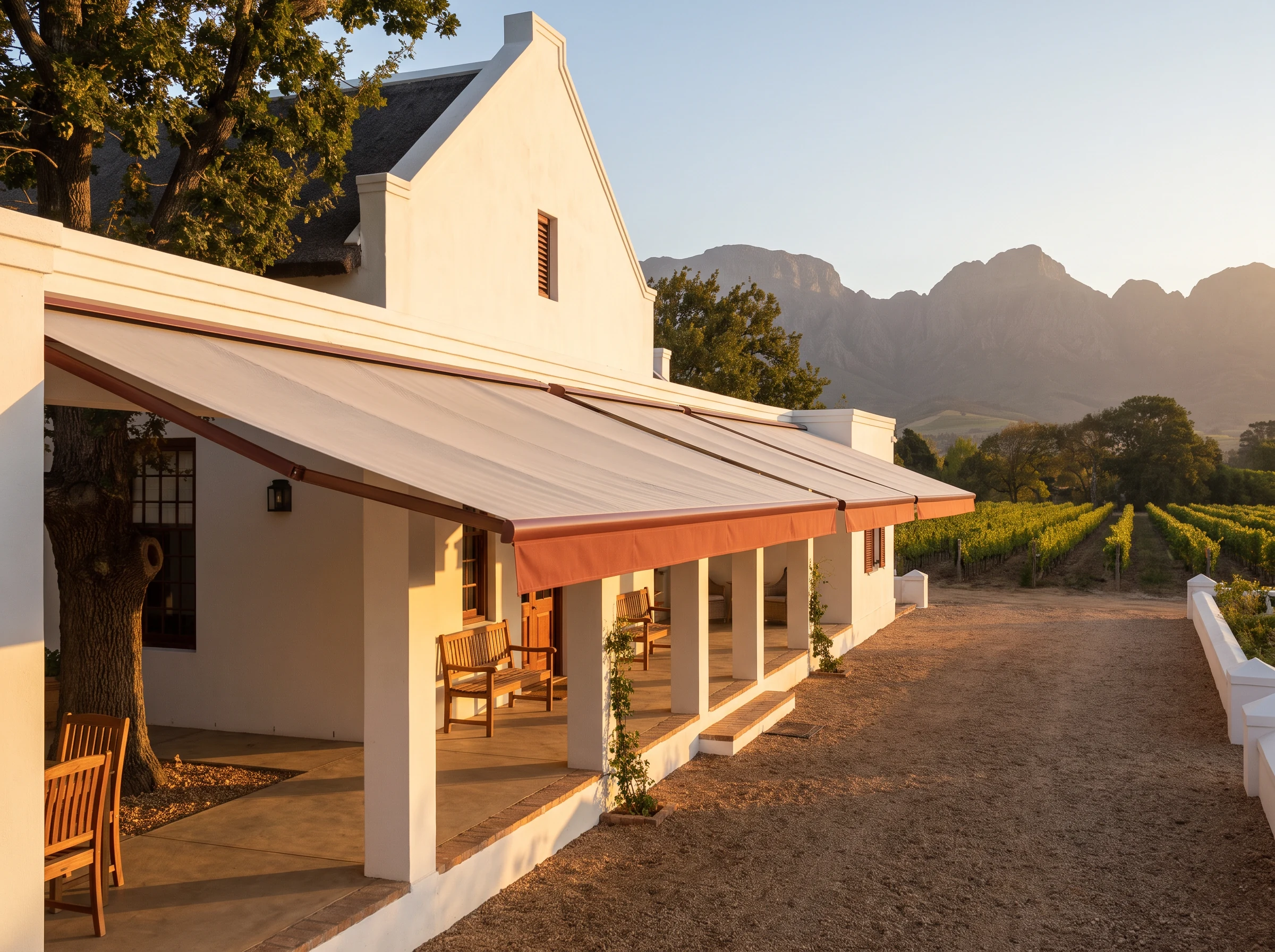 Folding-arm awning extended along the covered stoep of a symmetrical whitewashed Cape Dutch werf homestead near Groot Drakenstein, vineyard rows leading to mountains