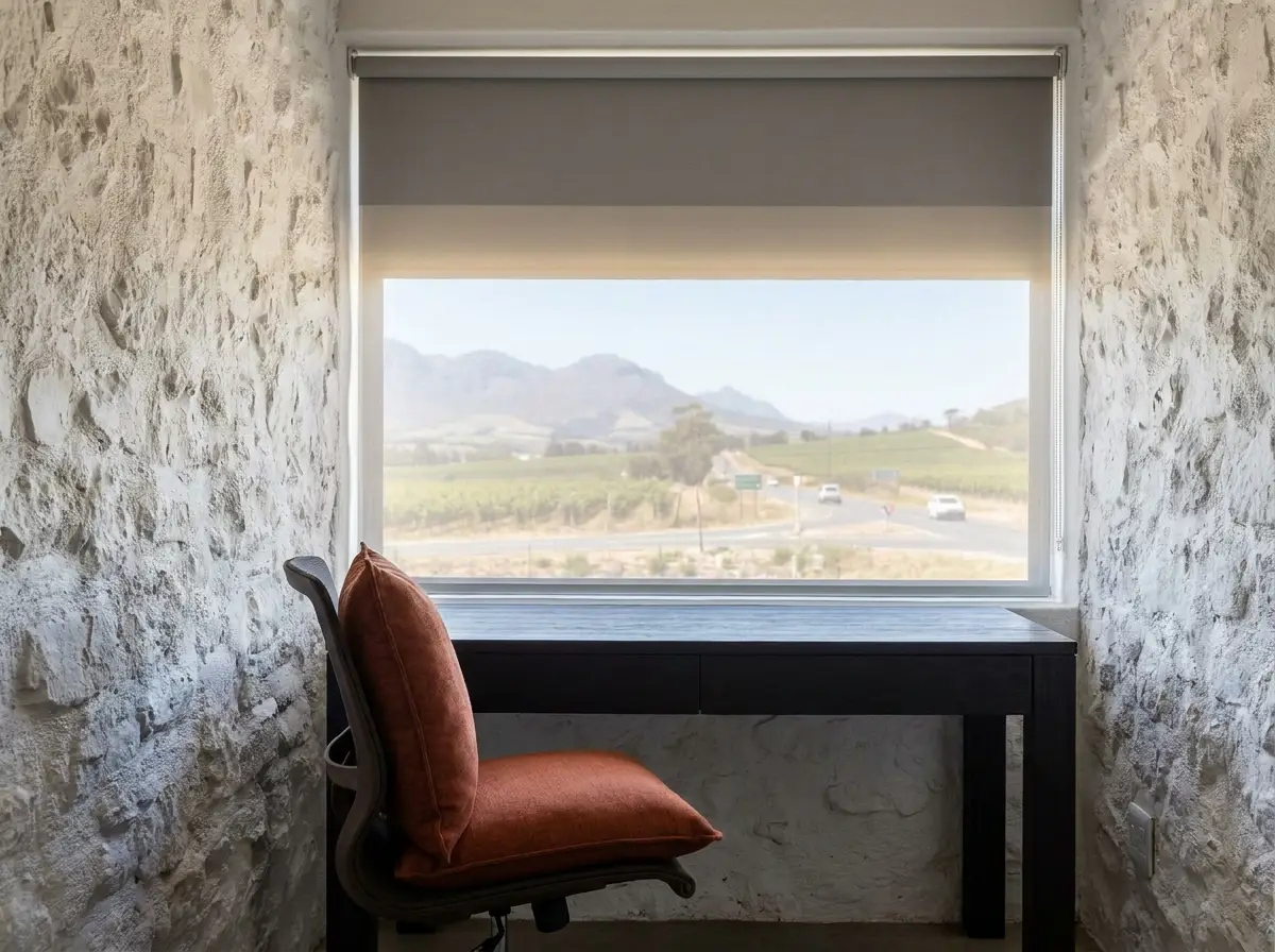 Home office nook near Klapmuts with a grey day/night roller blind partly lowered over a window looking out on vineyards, the R44 gateway road and Simonsberg mountains beyond