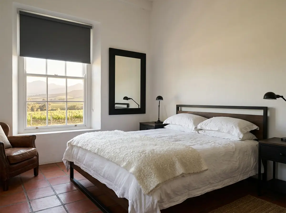 Farmhouse bedroom near Klapmuts with a dark grey blockout roller blind lowered over a sash window, vineyard view outside, white linen bed and leather armchair
