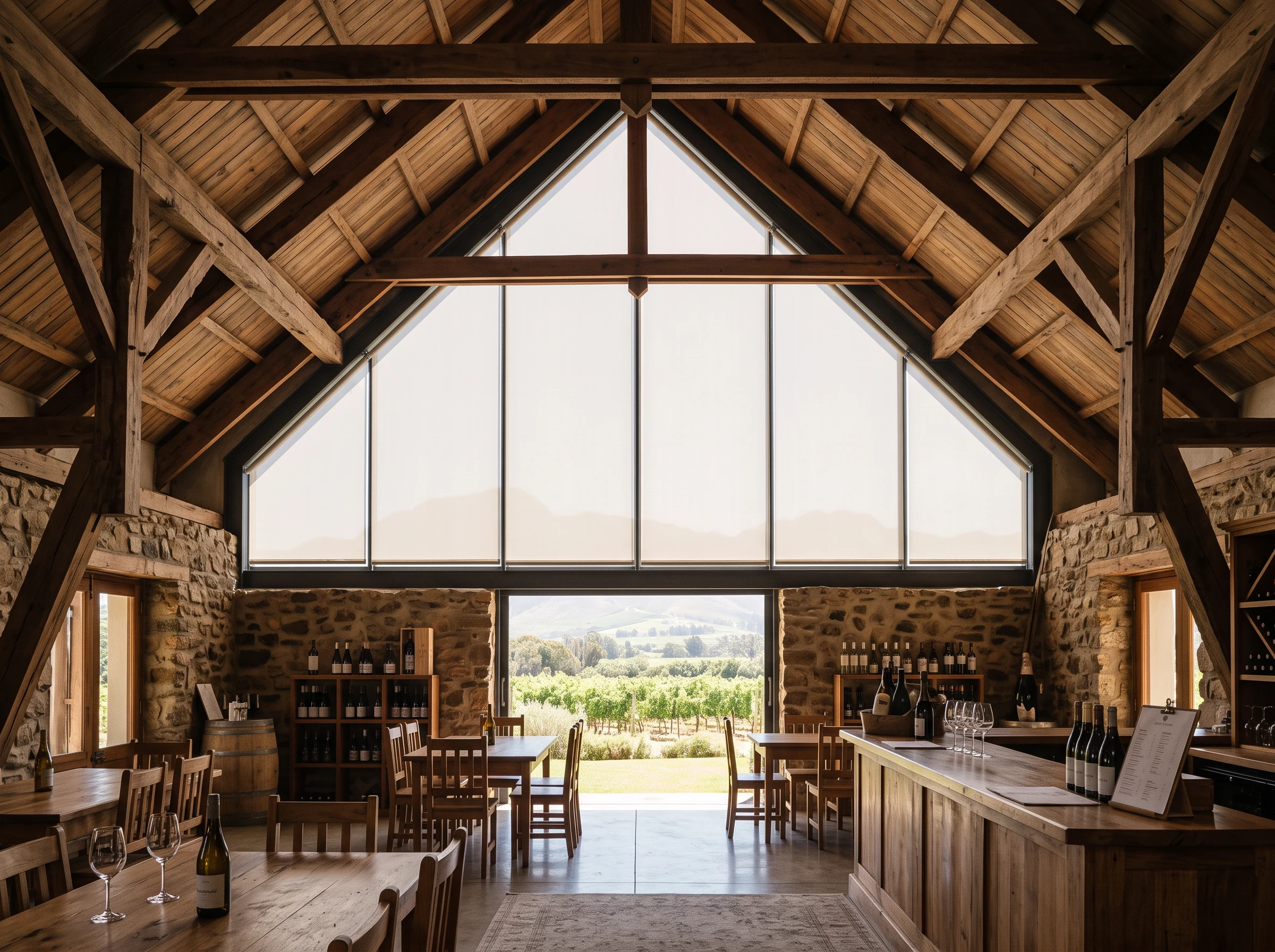 Tensioned skylight blind fitted flush to a raked gable window in a converted barn-style tasting room near Klapmuts