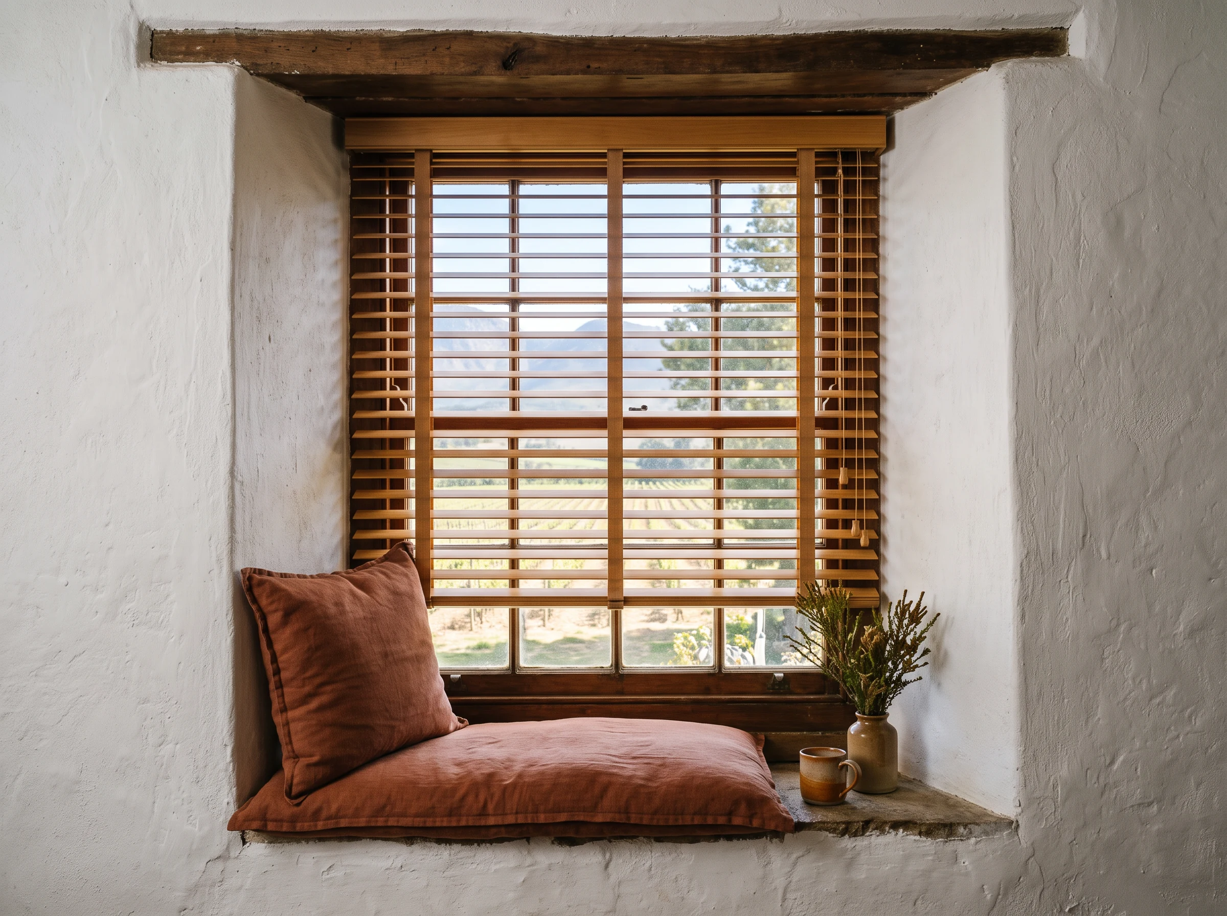 Timber venetian blind slats tilted open in a deep-set sash window of an old whitewashed farmhouse near Klapmuts