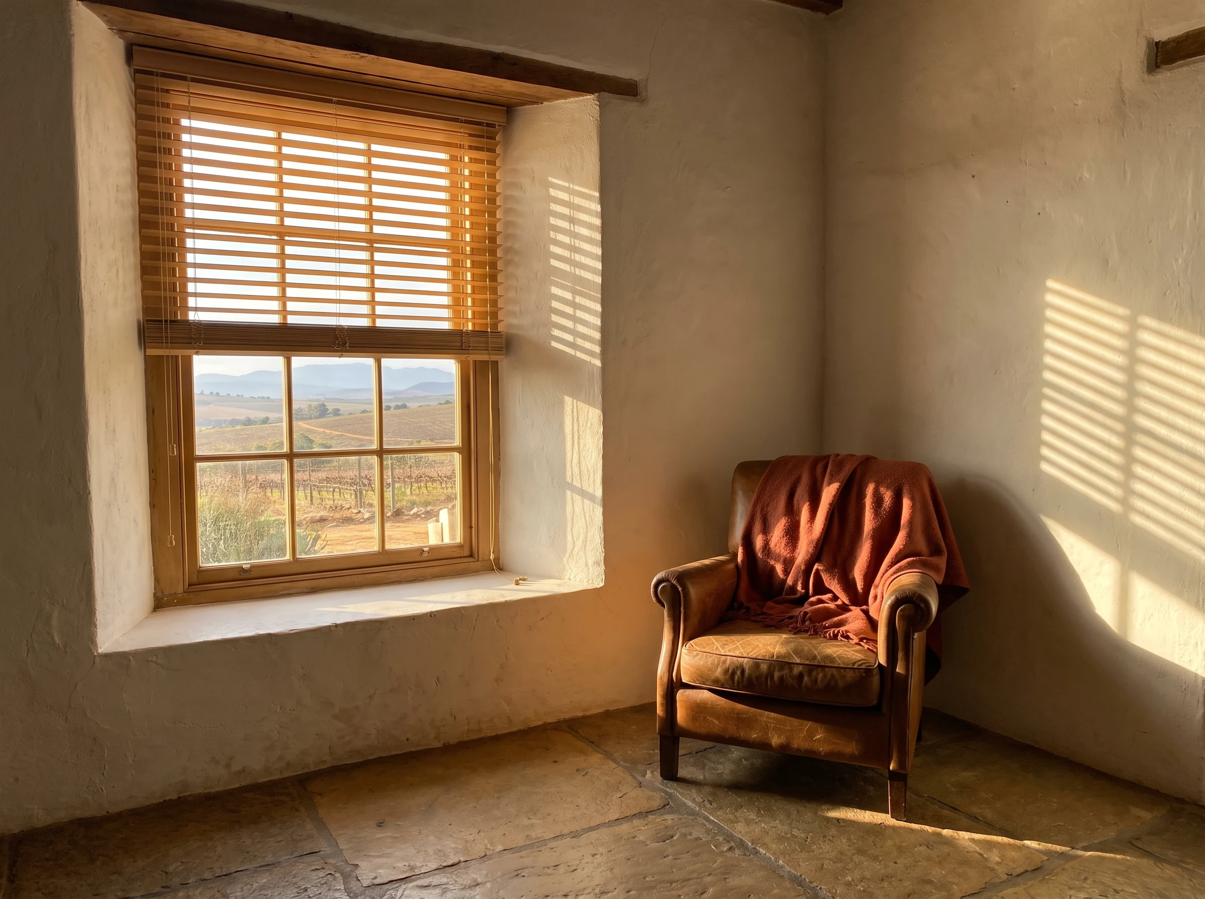 Timber venetian blind slats tilted to filter afternoon light in a Cape Dutch gable-end room near Klapmuts, deep window reveal, reading chair with a rust-terracotta throw