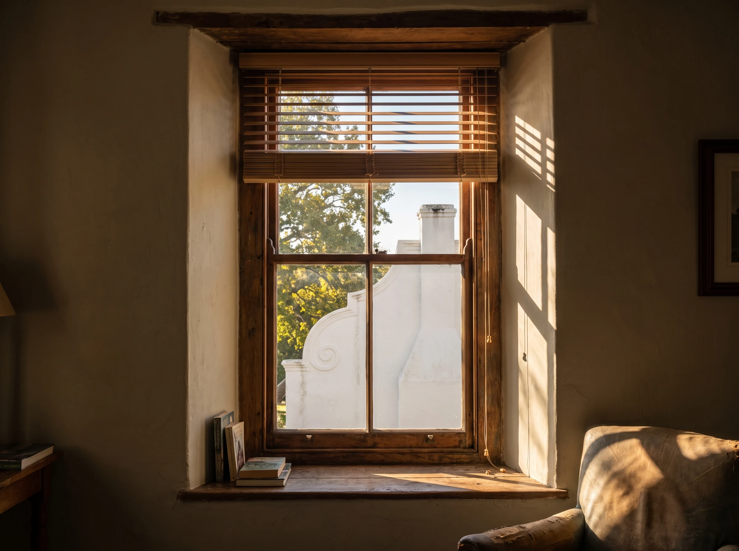 Timber venetian blind slats tilted in a deep sash window of an oak-avenue heritage cottage in Stellenbosch